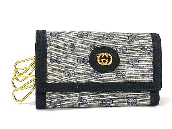 Gucci Key Case Micro GG Gray Navy Quadruple Strand Vintage Gold Key Holder