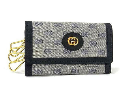 Gucci Key Case Micro GG Gray Navy Quadruple Strand Vintage Gold Key Holder