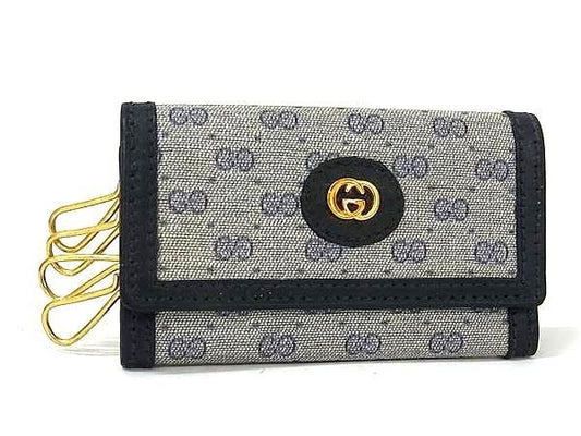 Gucci Key Case Micro GG Gray Navy Quadruple Strand Vintage Gold Key Holder