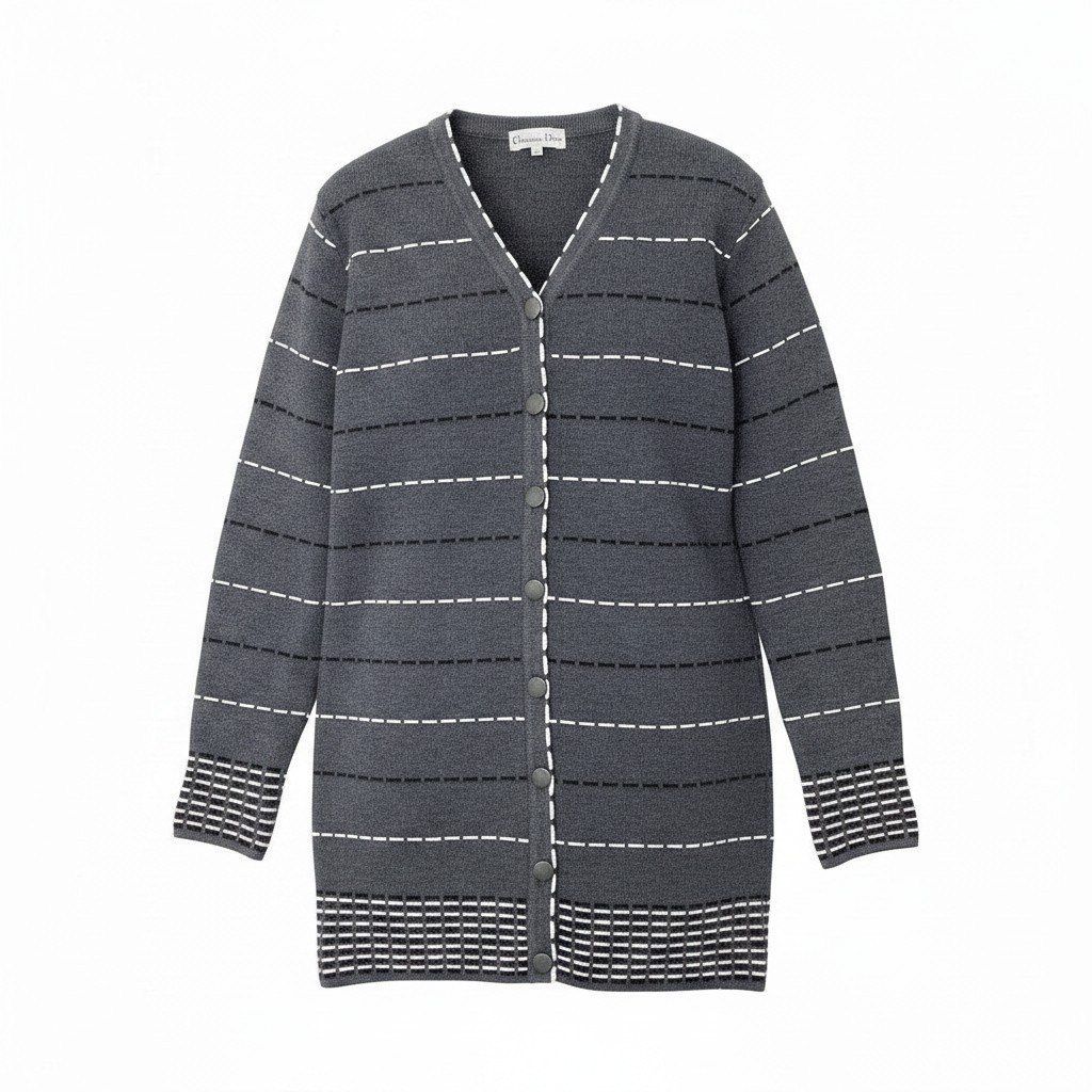 Dior Long Knit Cardigan Border M Gray Wool Rayon