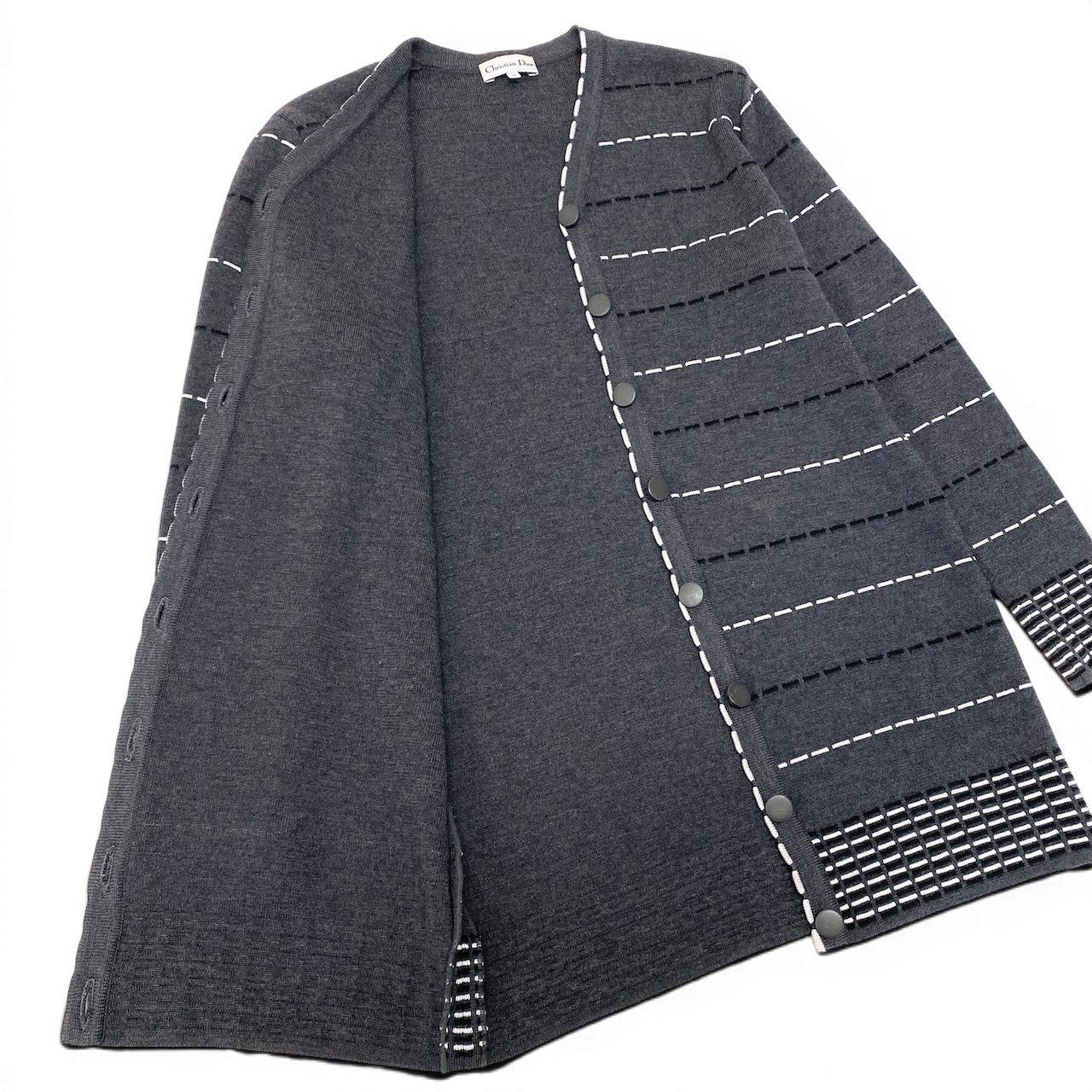 Dior Long Knit Cardigan Border M Gray Wool Rayon — view 4
