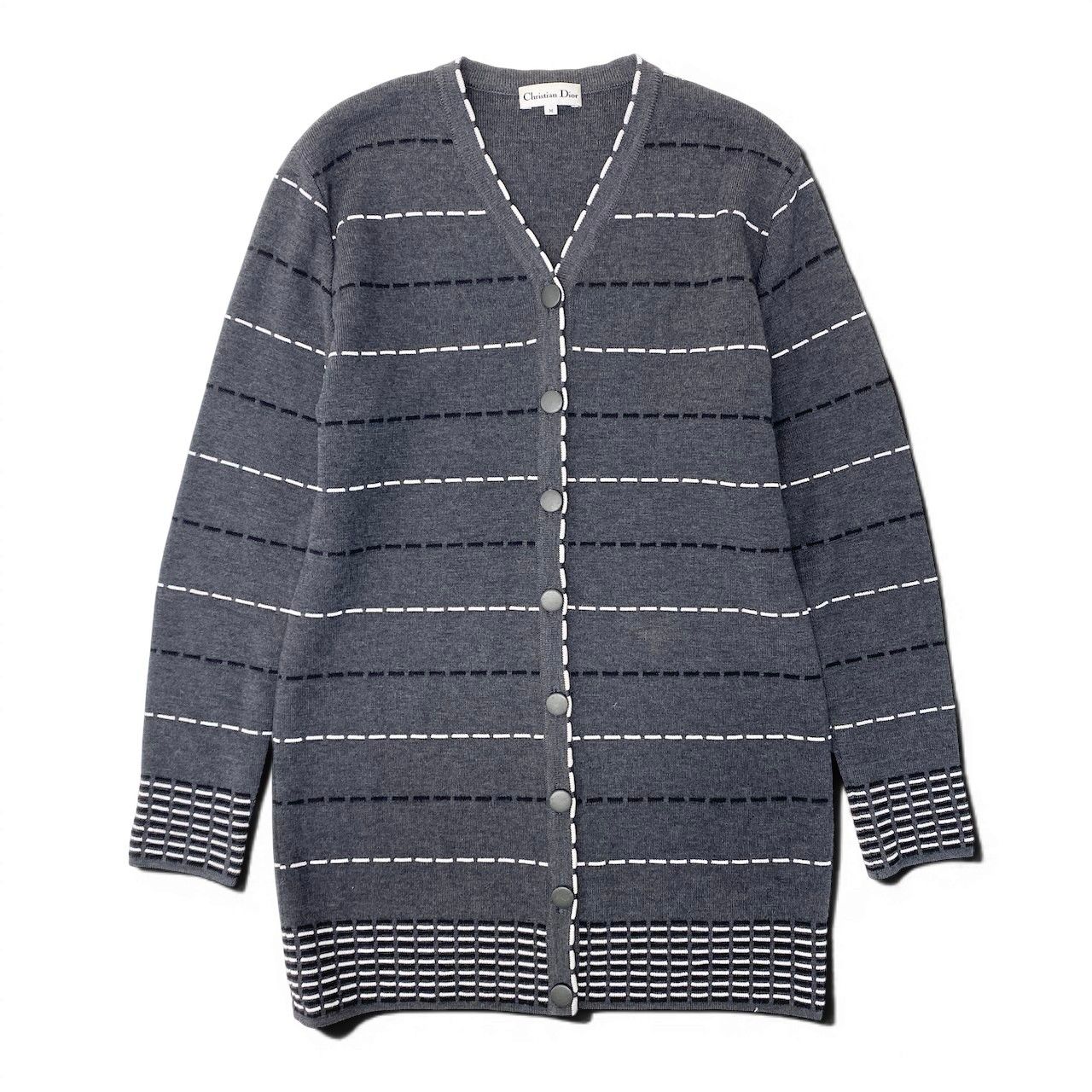 Dior Long Knit Cardigan Border M Gray Wool Rayon — view 2