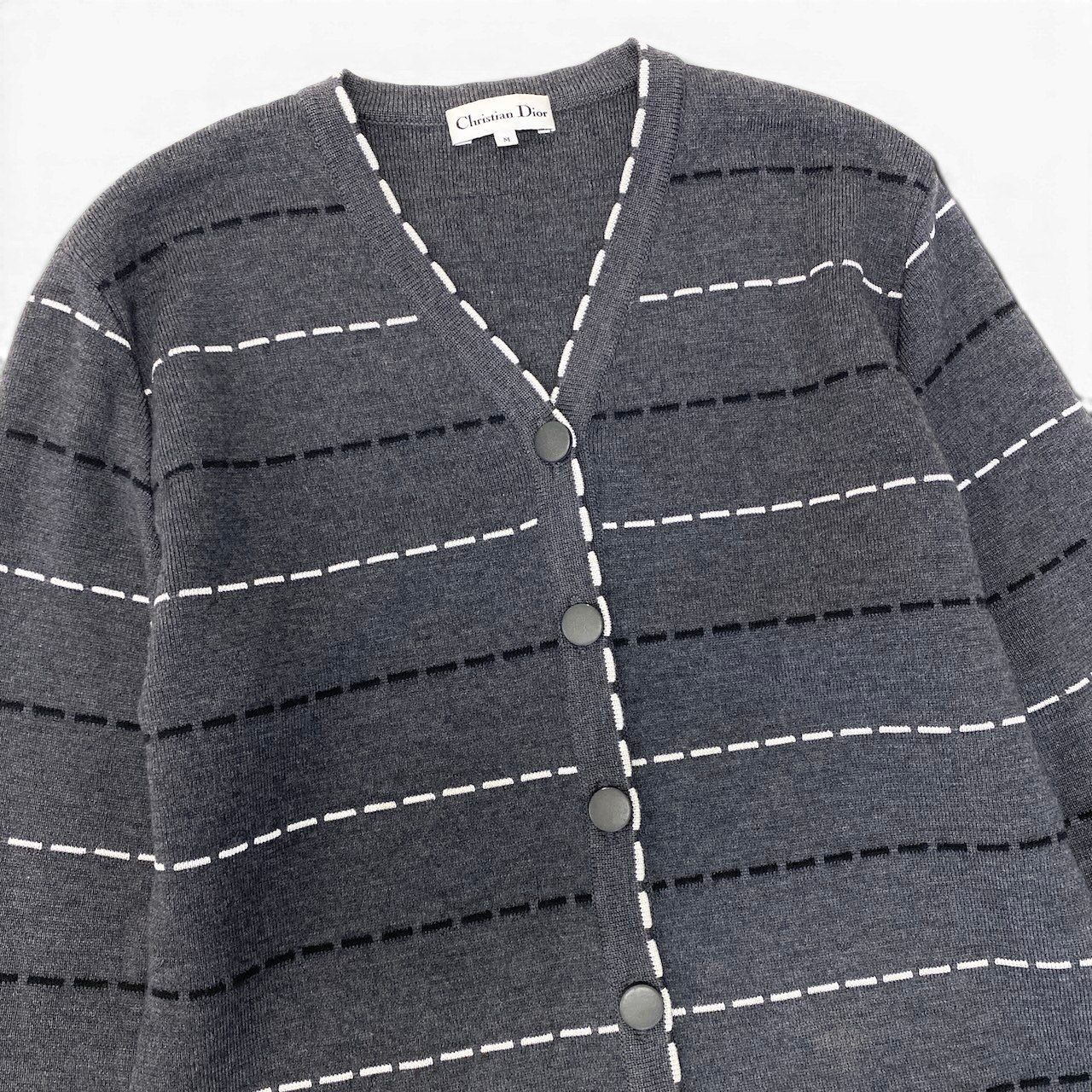 Dior Long Knit Cardigan Border M Gray Wool Rayon — view 5