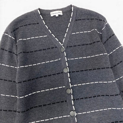 Dior Long Knit Cardigan Border M Gray Wool Rayon — view 5