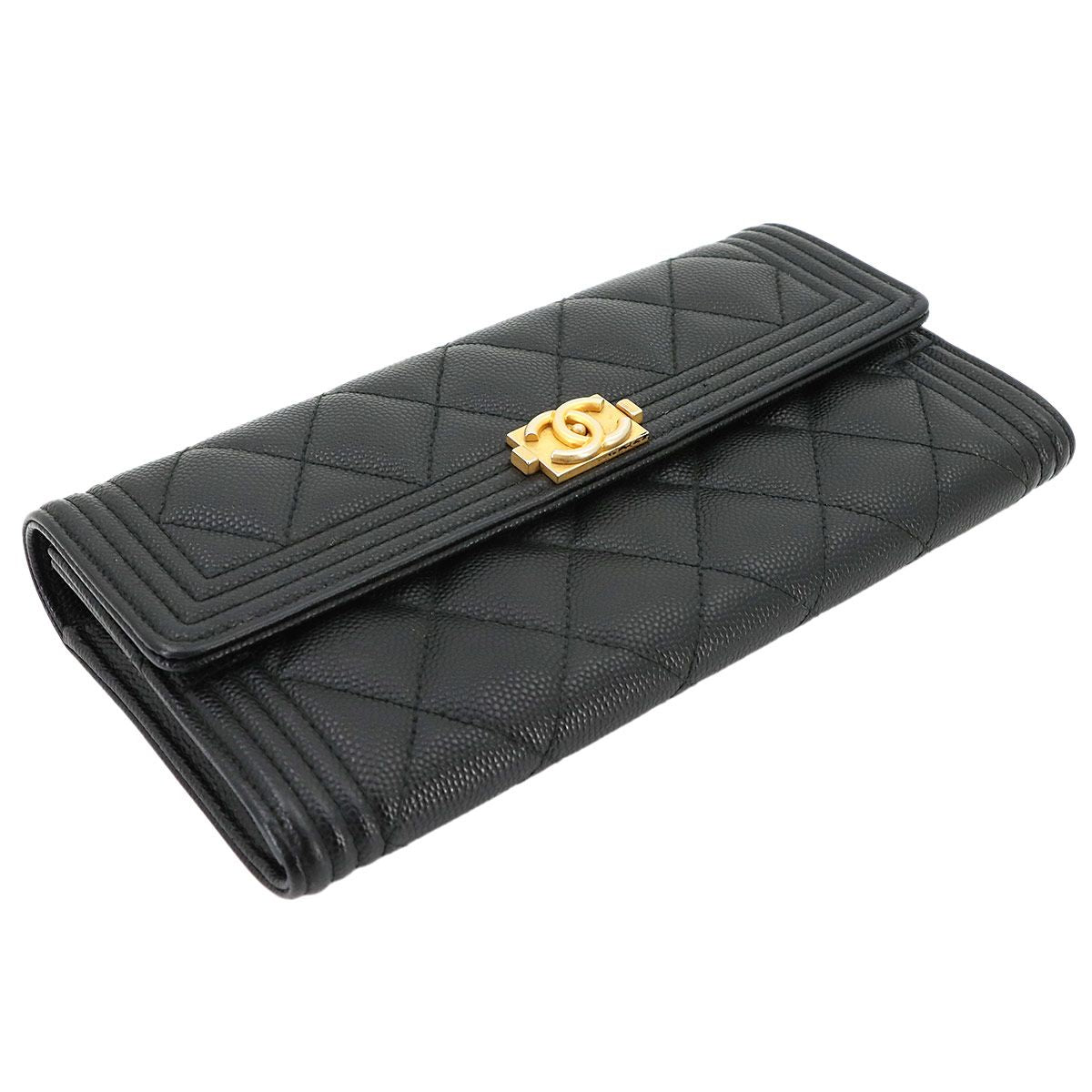 Chanel Boy Quilted Bifold Wallet Caviar Leather Black Gold — view 3