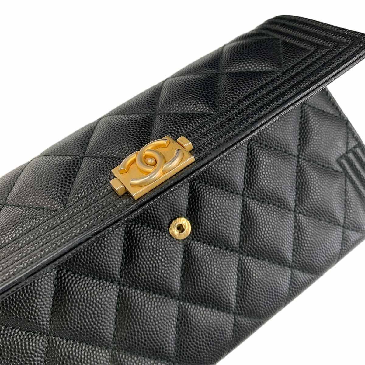 Chanel Boy Quilted Bifold Wallet Caviar Leather Black Gold — view 9
