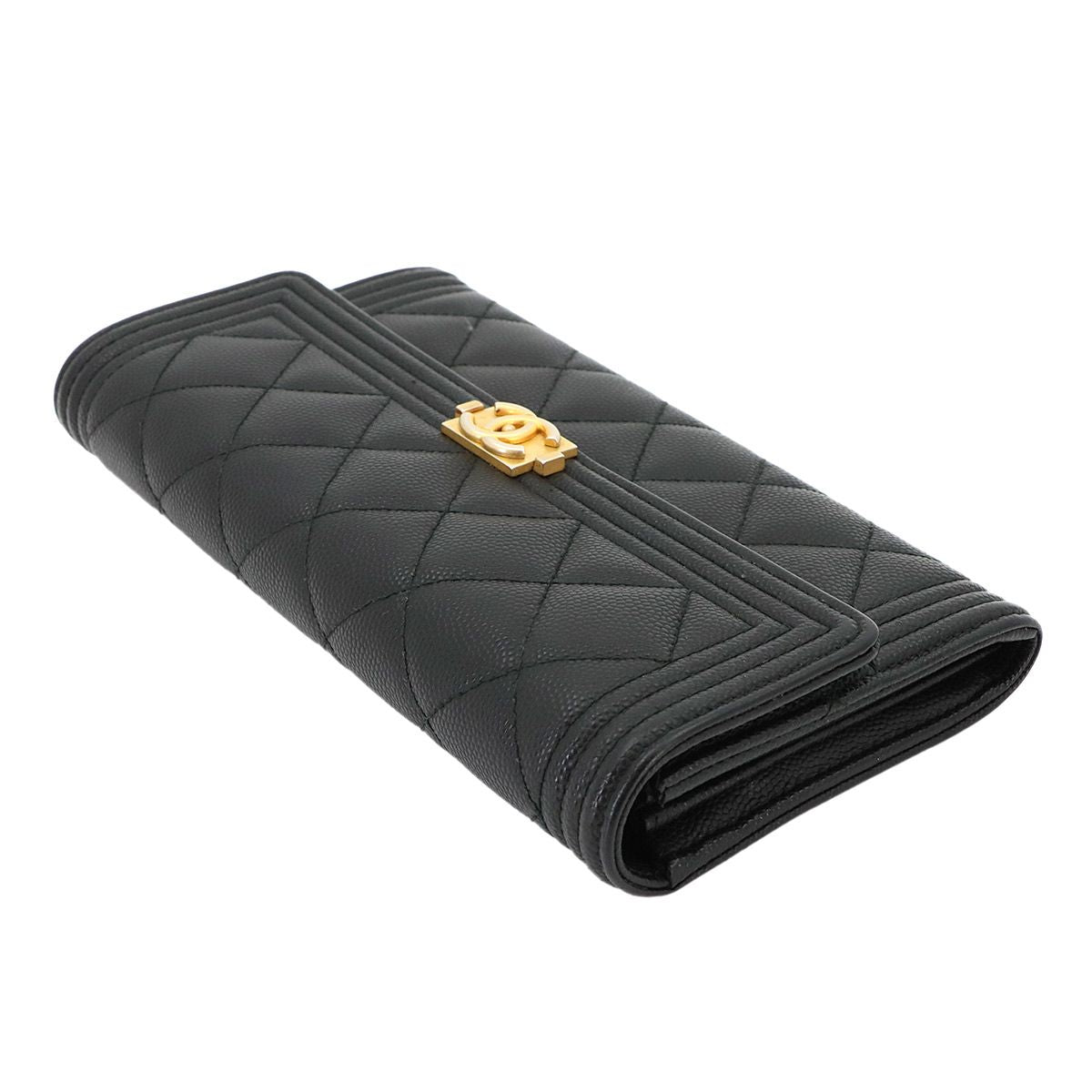 Chanel Boy Quilted Bifold Wallet Caviar Leather Black Gold — view 4