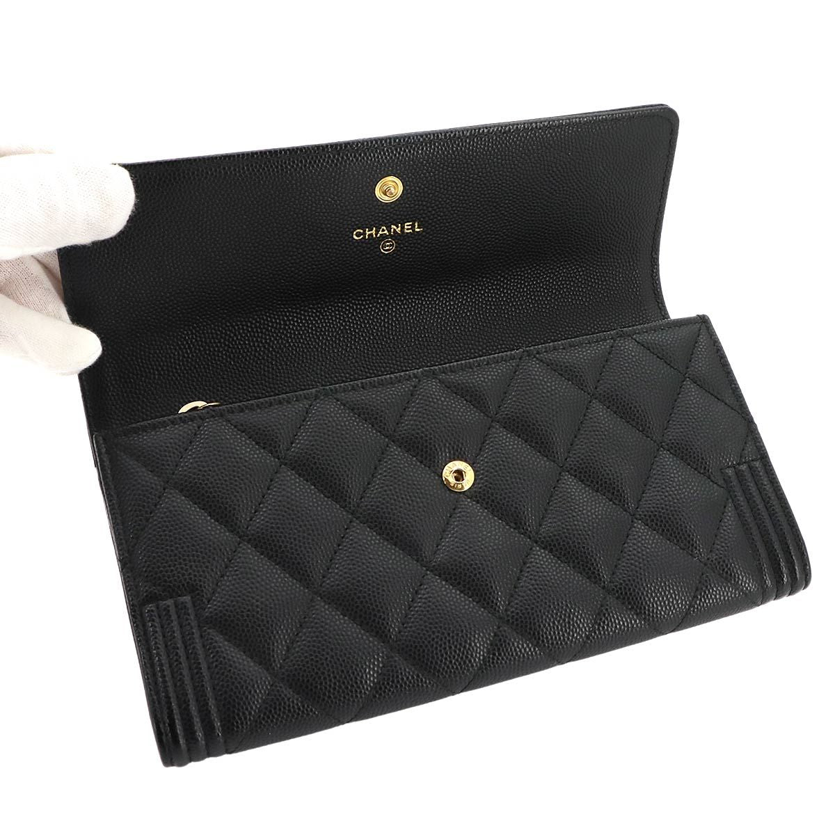 Chanel Boy Quilted Bifold Wallet Caviar Leather Black Gold — view 5