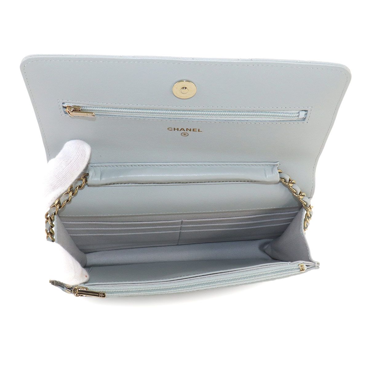 Chanel Quilted Classic Chain Wallet Lambskin Light Gray Gold — view 6