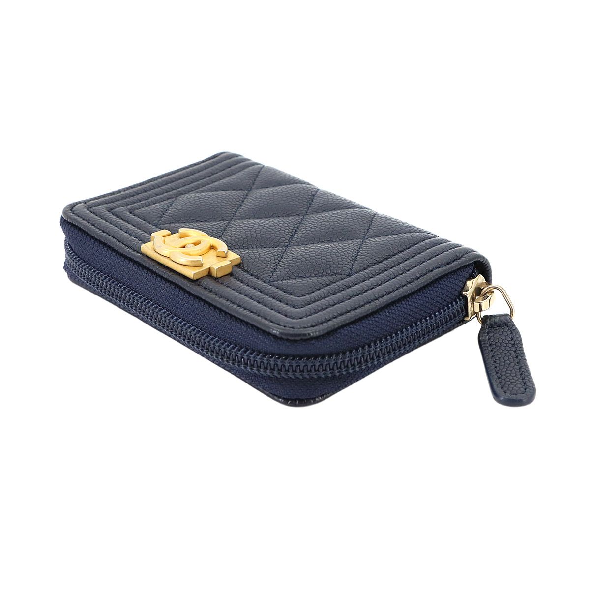Chanel Boy Zip Coin Purse Caviar Leather Navy Gold — view 3
