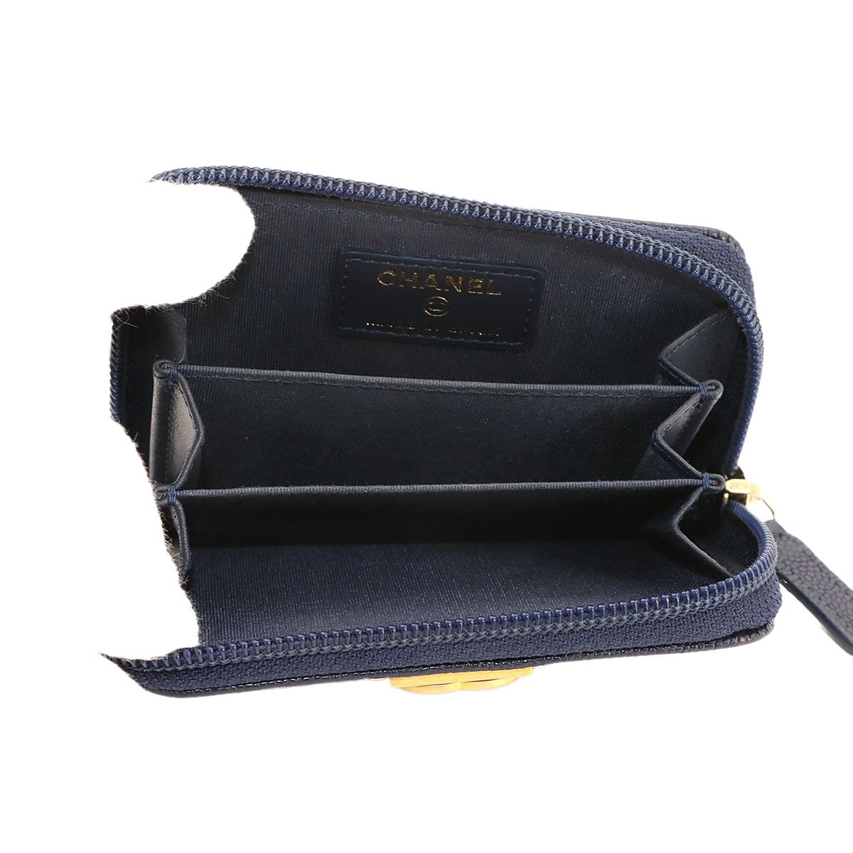 Chanel Boy Zip Coin Purse Caviar Leather Navy Gold — view 5