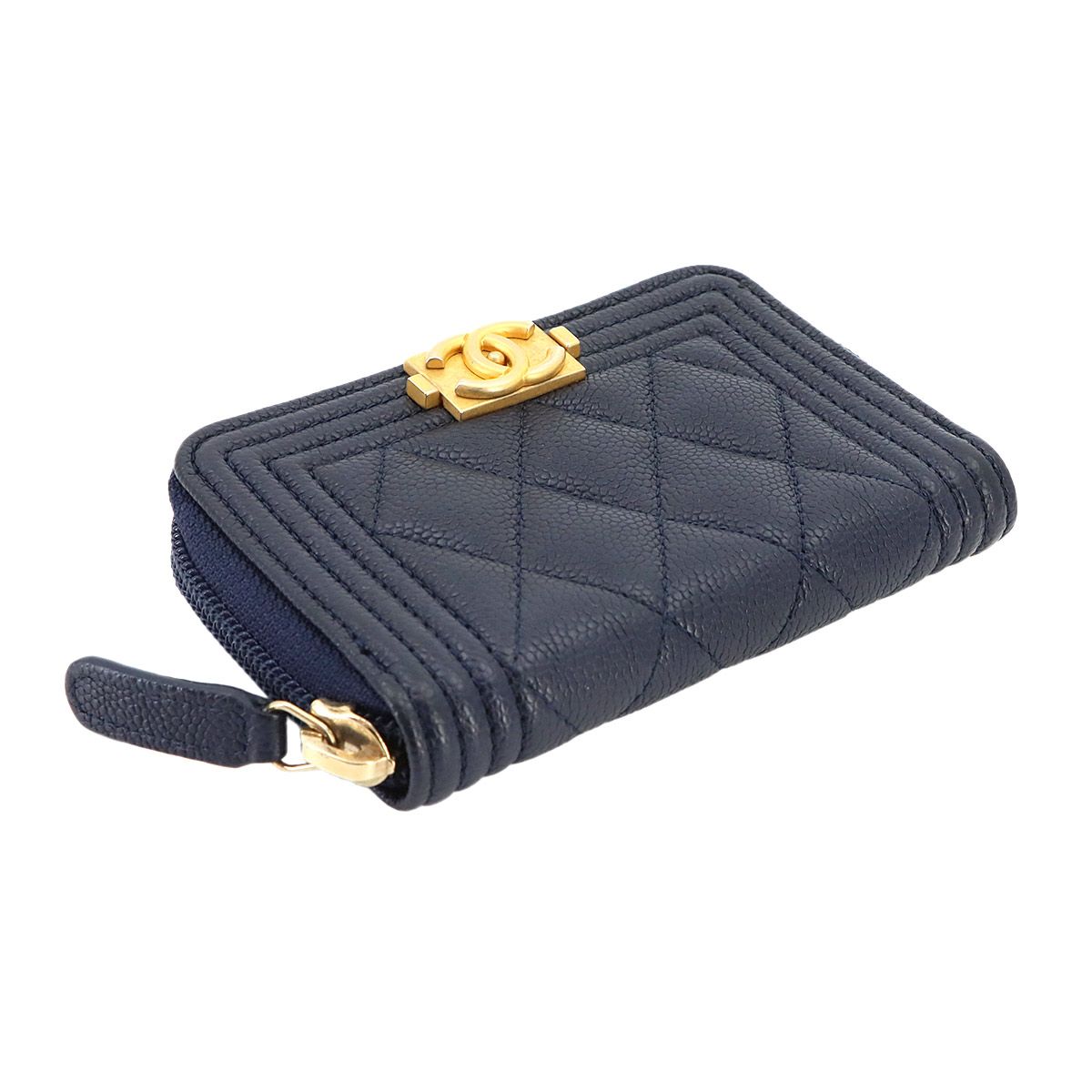 Chanel Boy Zip Coin Purse Caviar Leather Navy Gold — view 4