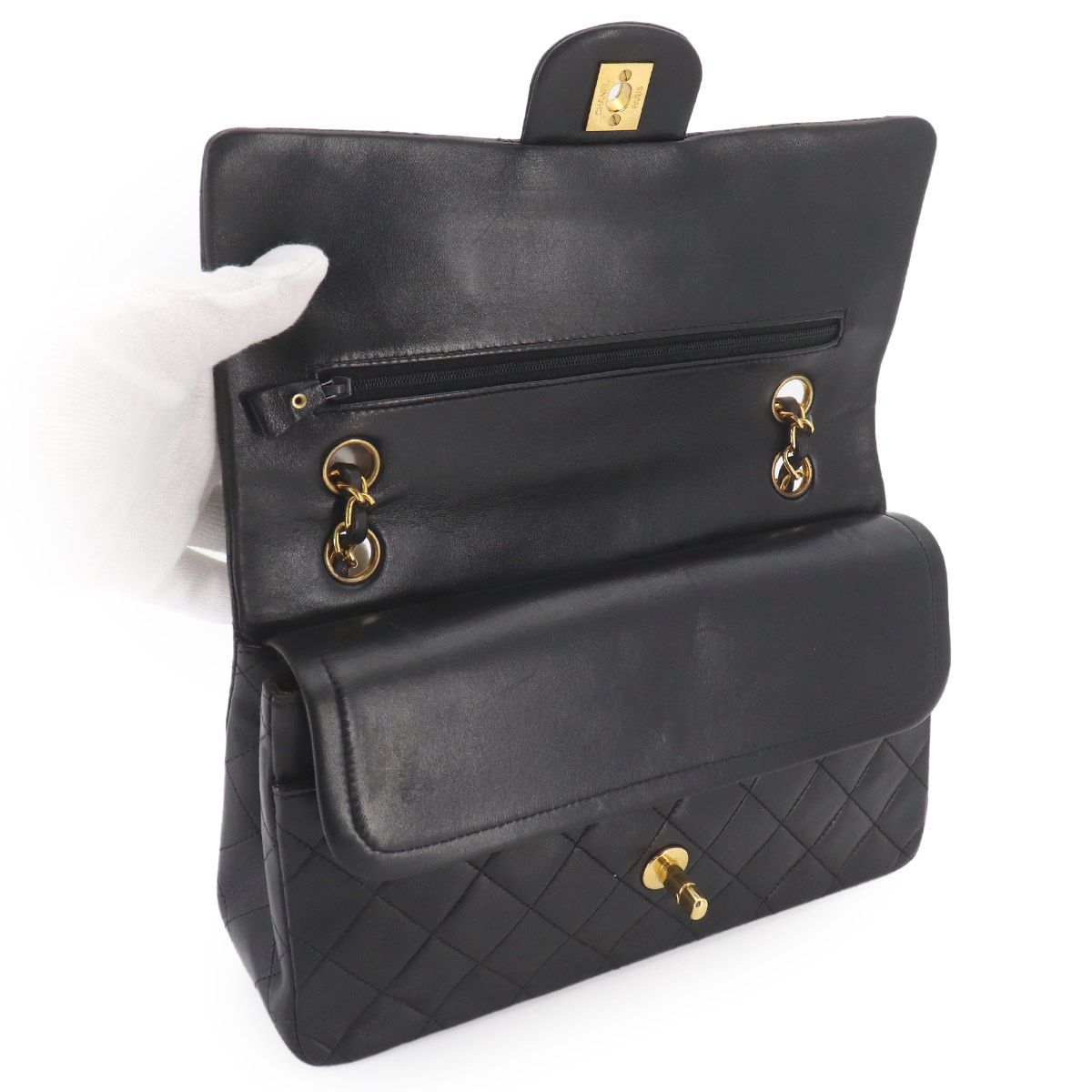 Chanel Quilted 25 Chain Shoulder Bag Lambskin Black Gold CC Logo — view 7