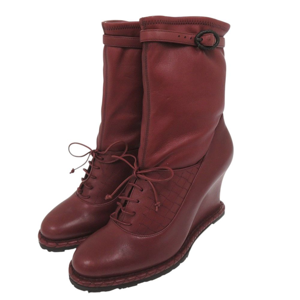 Bottega Veneta Intrecciato Stitch Wedge Ankle Boots 36) Leather Wine