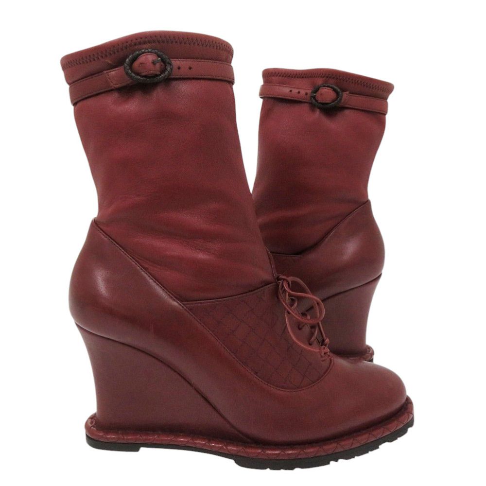 Bottega Veneta Intrecciato Stitch Wedge Ankle Boots 36) Leather Wine — view 3