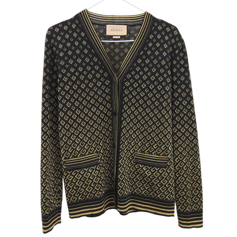 Gucci Square Metallic Neck Cardigan XS Wool Rayon Black Gold