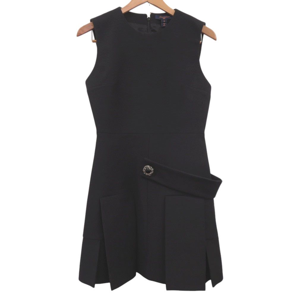 Louis Vuitton Button Tab Pleats Bijou Decoration Dress 36 Xcm Wool Silk Black