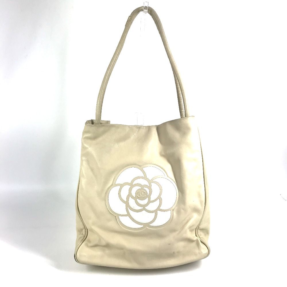 Chanel Shoulder Bag Camellia Logo Leather Beige