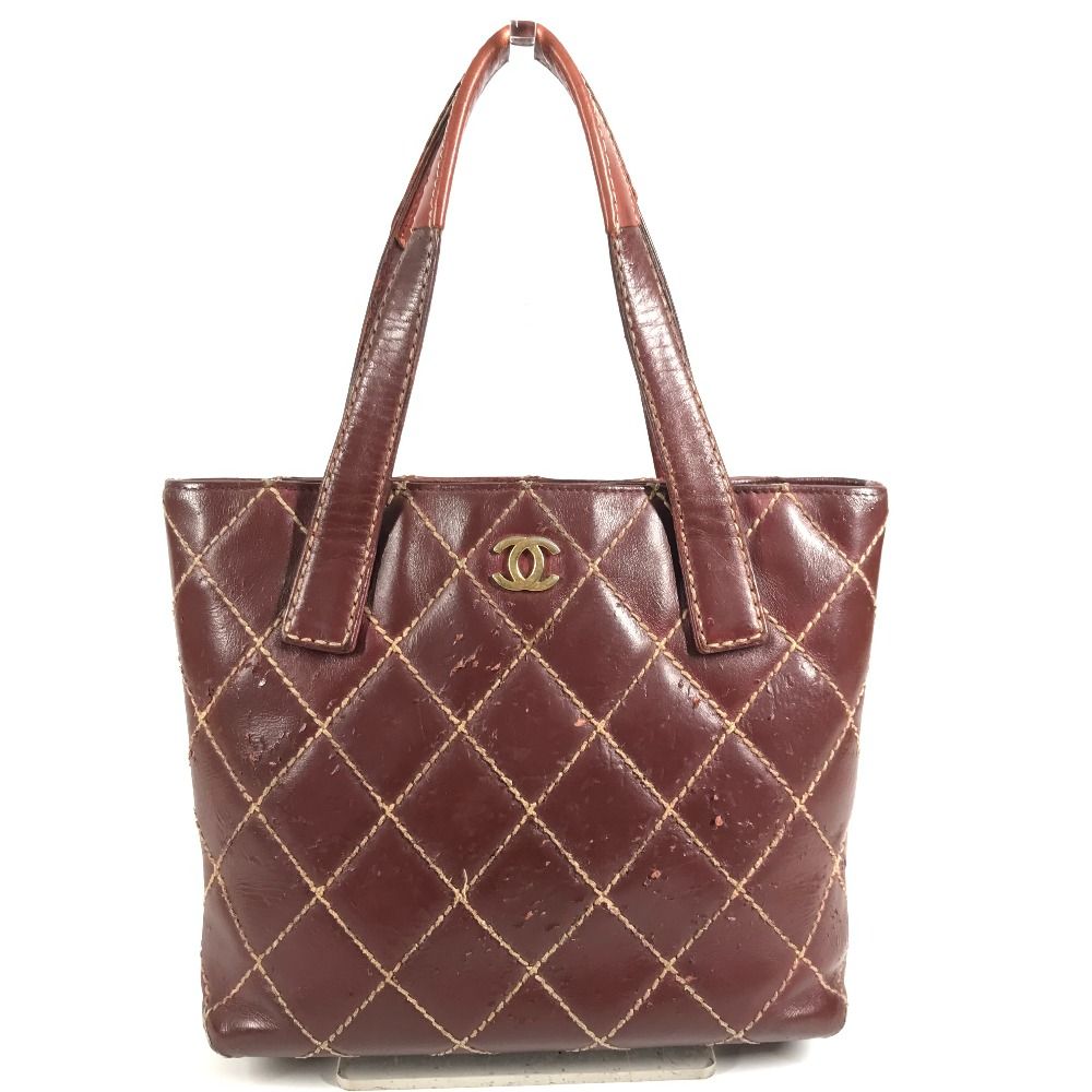 Chanel Tote Wild Stitch CC Logo Leather Wine