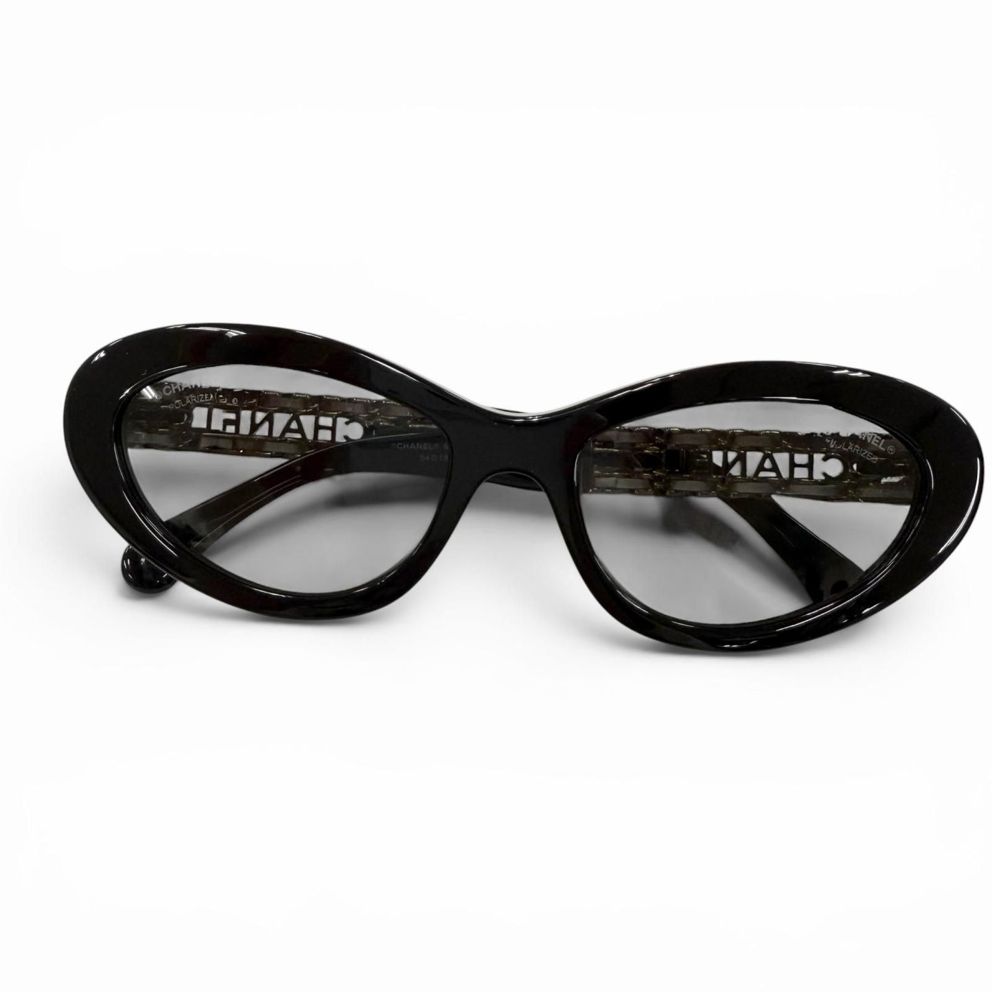 Chanel Cat Eye Side Logo Sunglasses Black Gold Demo Lens Eyewear