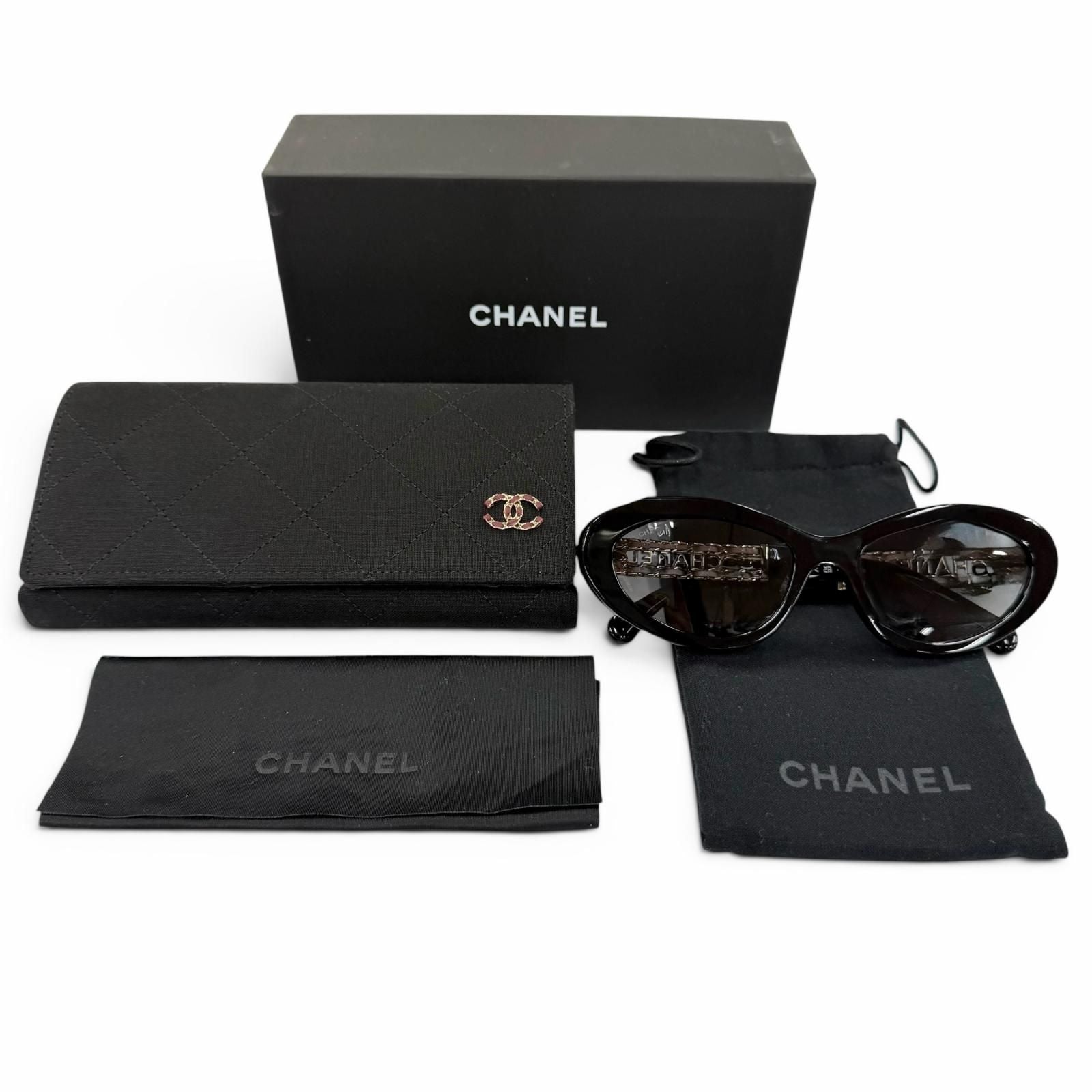 Chanel Cat Eye Side Logo Sunglasses Black Gold Demo Lens Eyewear — view 3