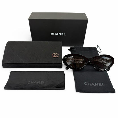 Chanel Cat Eye Side Logo Sunglasses Black Gold Demo Lens Eyewear — view 3