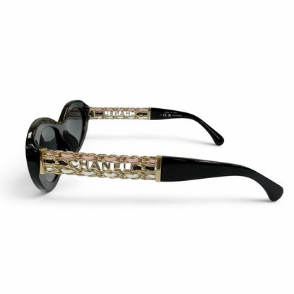 Chanel Cat Eye Side Logo Sunglasses Black Gold Demo Lens Eyewear — view 4