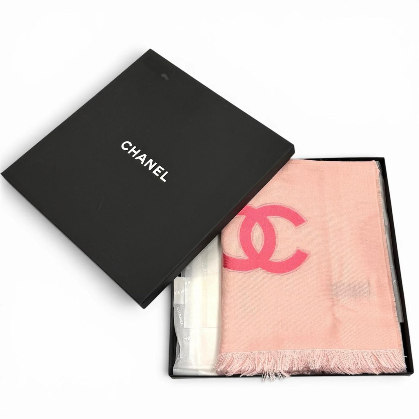 Chanel 23c Cashmere Silk Blend CC Logo with Fringe Large Shawl Pink Scarf — view 2