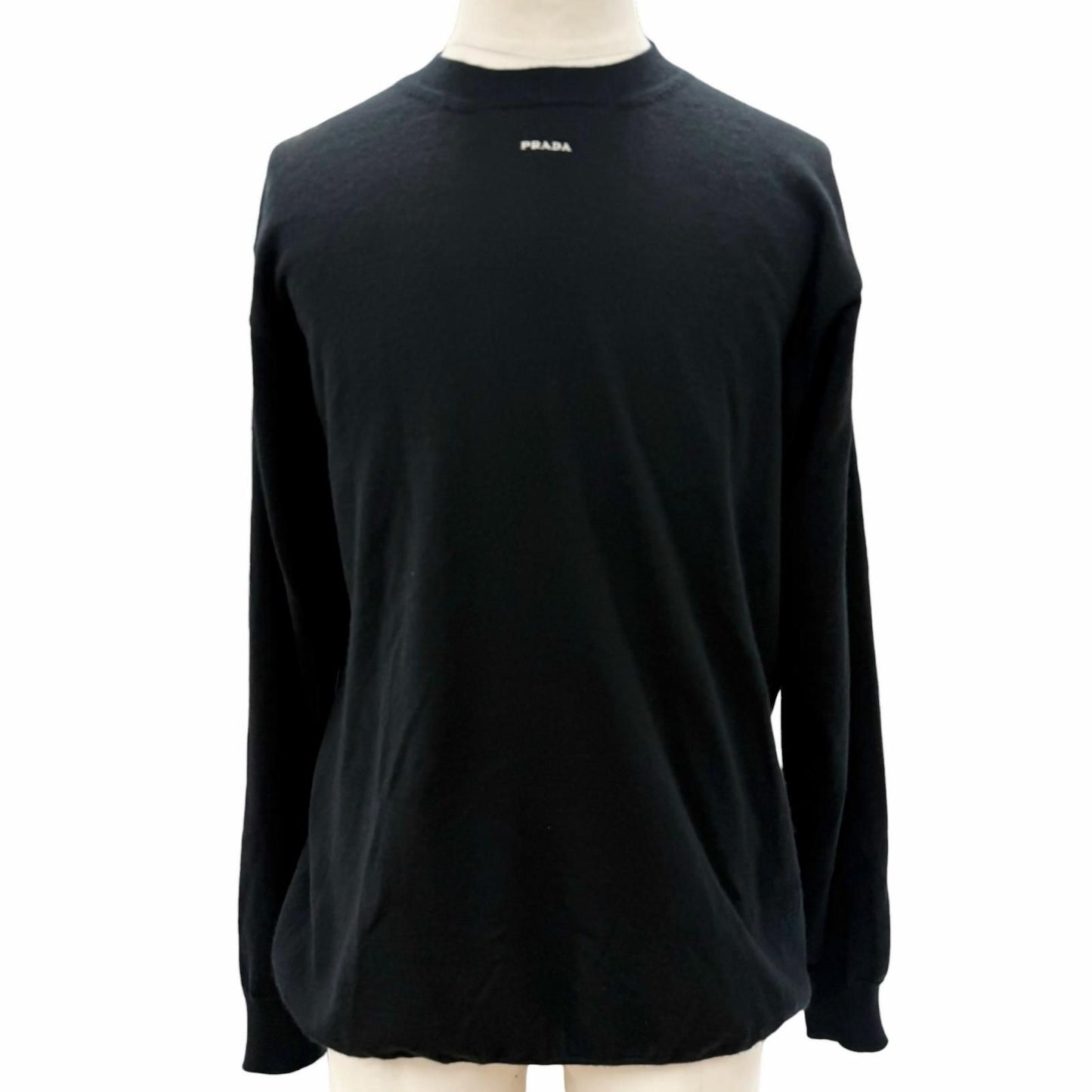 Prada Cashmere Logo Embroidery Round Neck Knit Sweater Black 48