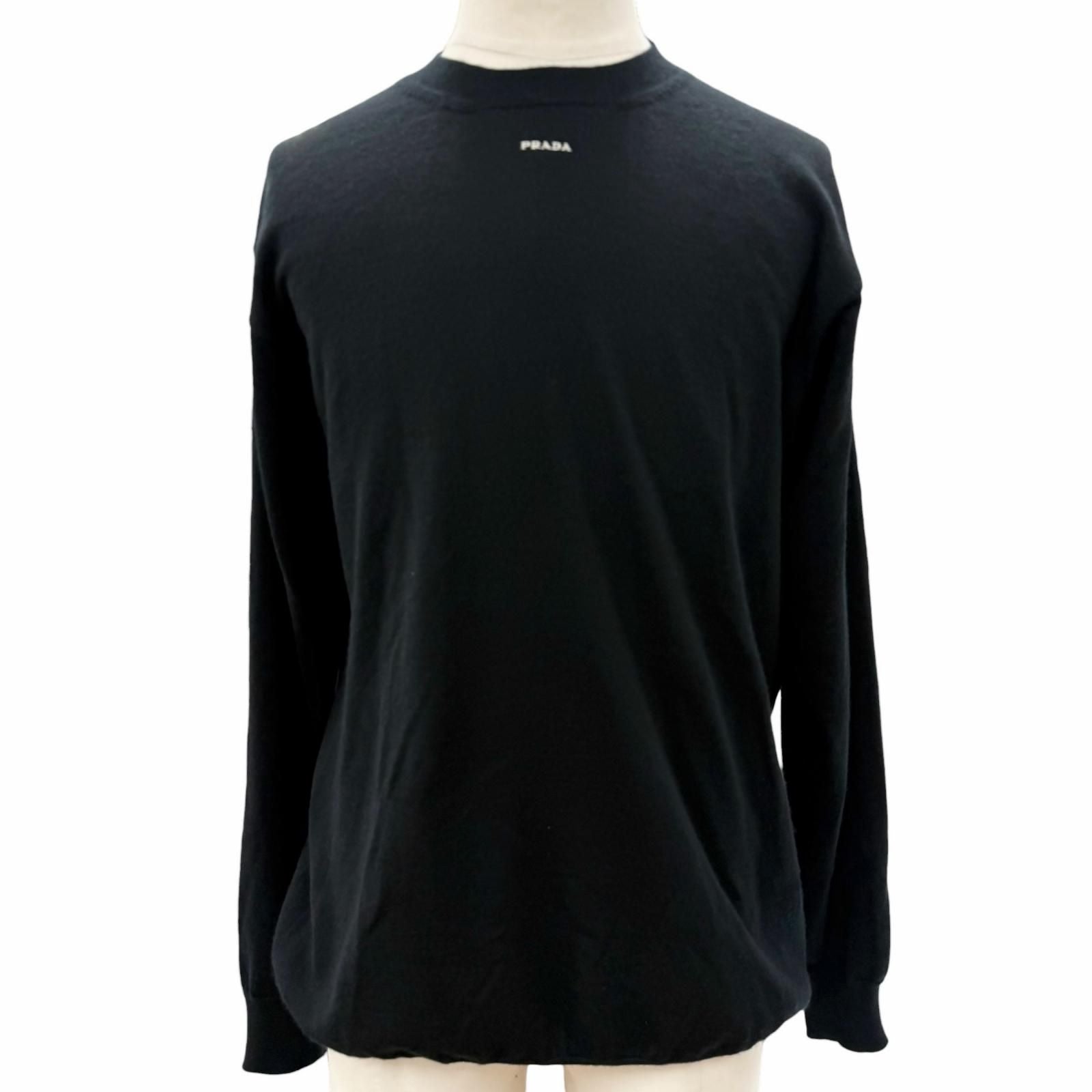 Prada Cashmere Logo Embroidery Round Neck Knit Sweater Black 48