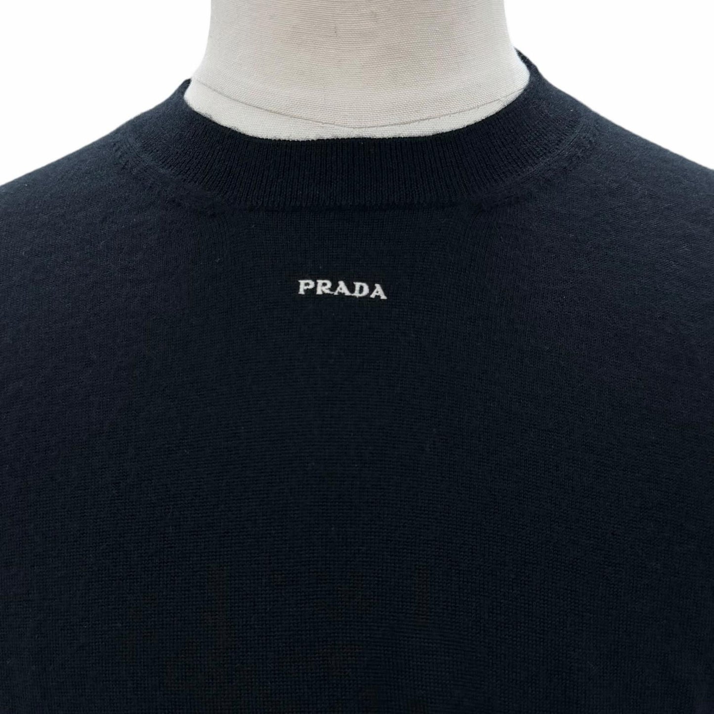 Prada Cashmere Logo Embroidery Round Neck Knit Sweater Black 48 — view 2