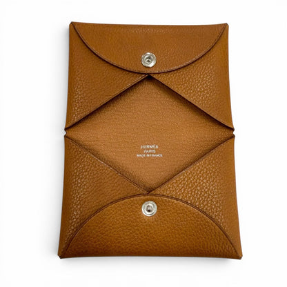 Hermes Calvi Veau Epsom Gold Bifold Coin Case Card — view 5