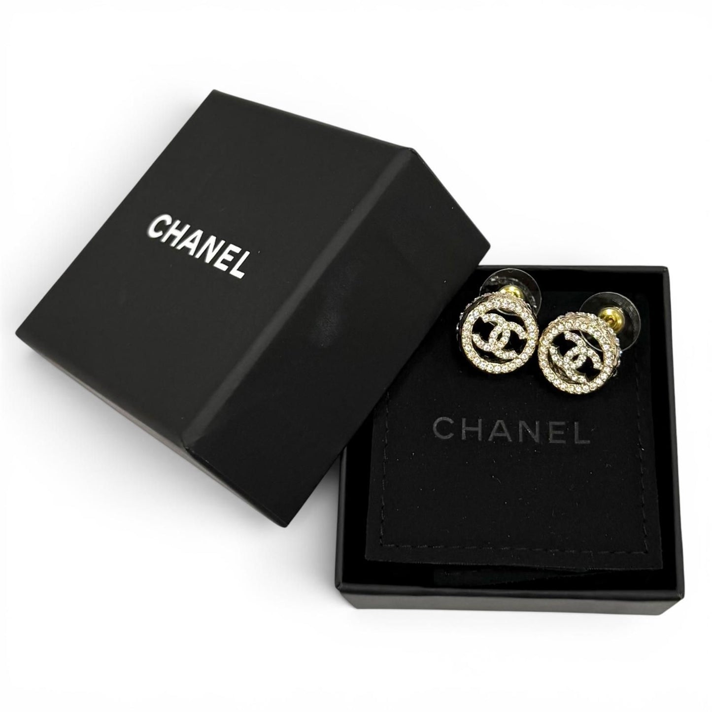 Chanel Rhinestone CC Logo Quilted Earrings Gold — view 2