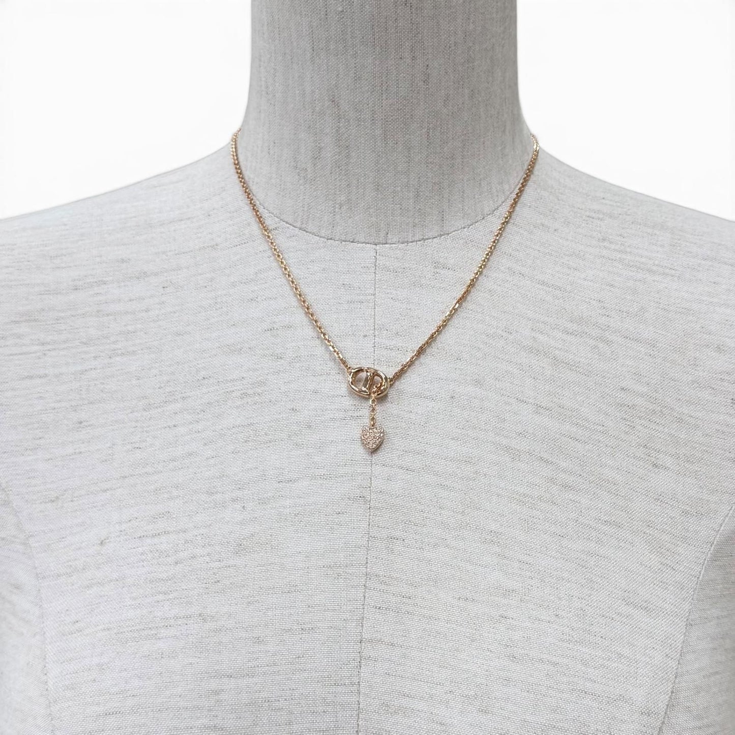 Dior CD Navy Rhinestone Heart Necklace Pink Gold — view 4