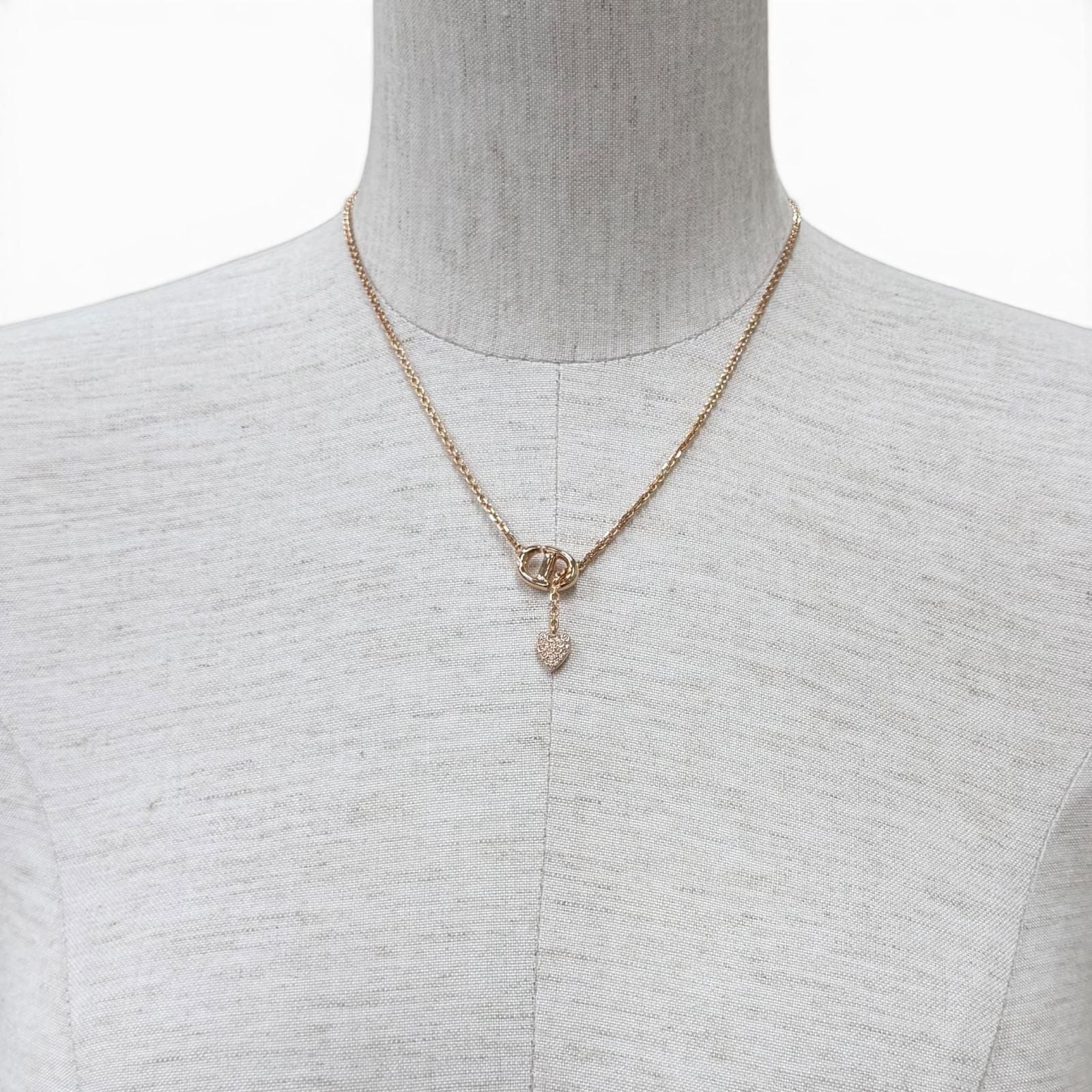 Dior CD Navy Rhinestone Heart Necklace Pink Gold — view 4