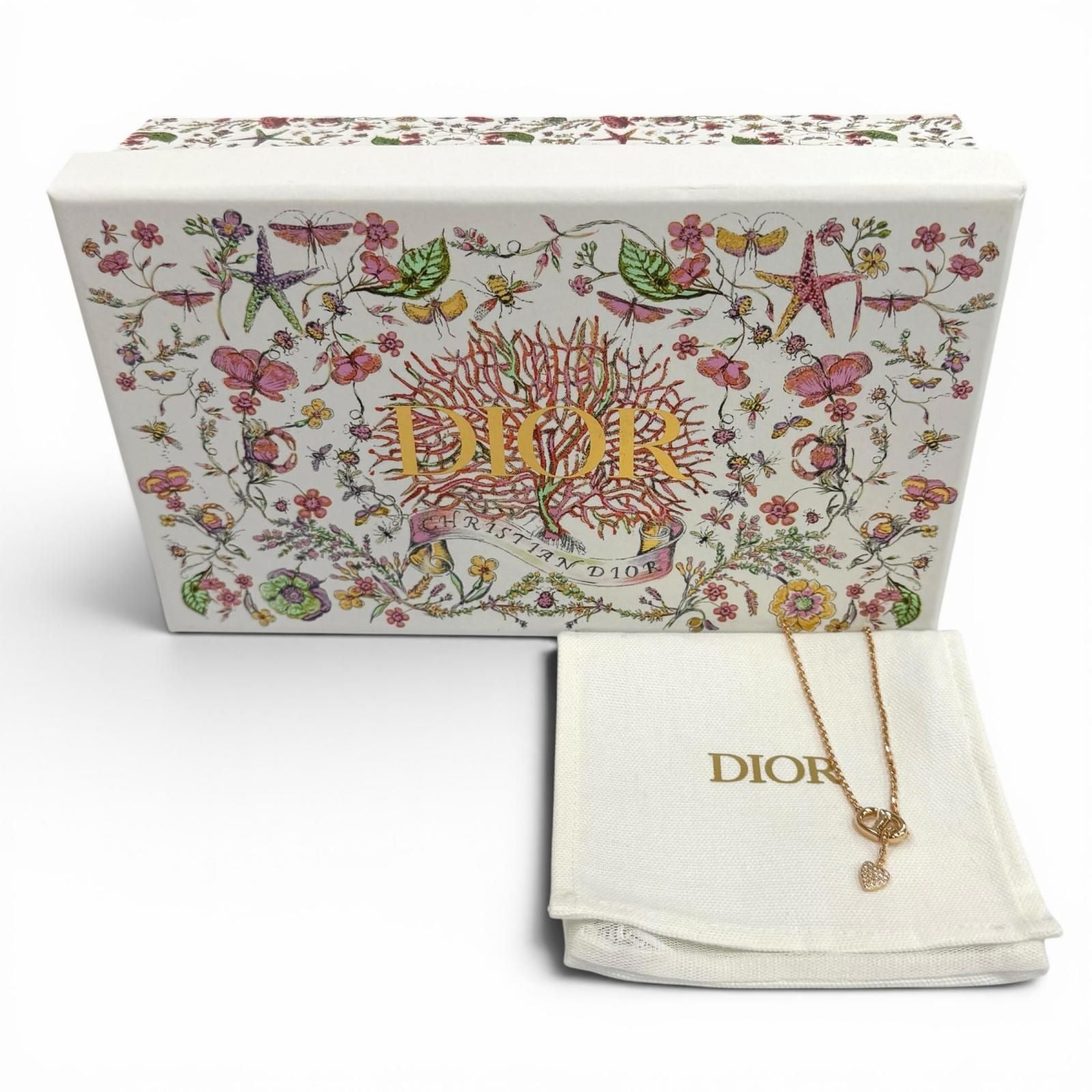 Dior CD Navy Rhinestone Heart Necklace Pink Gold — view 2