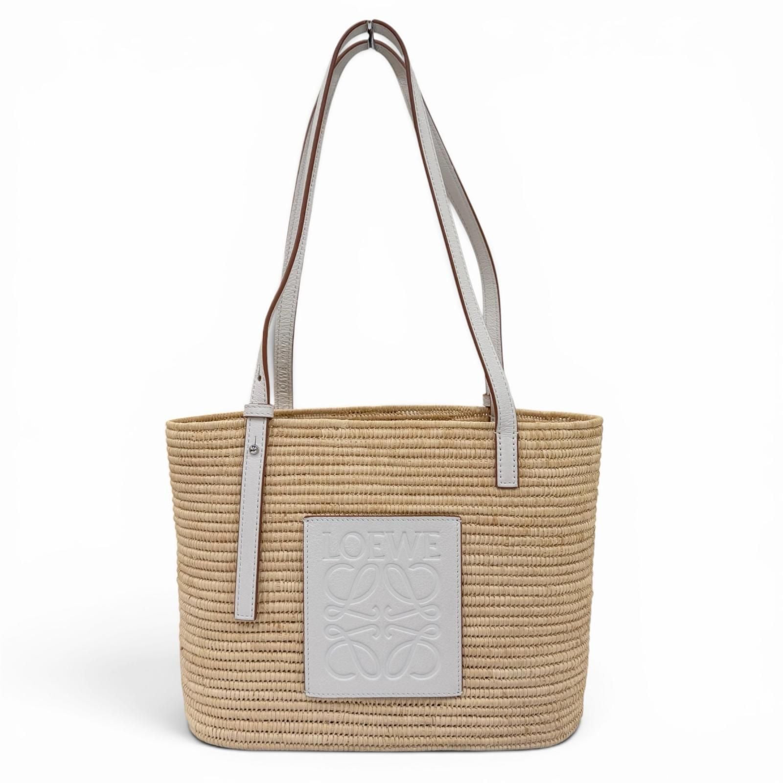 Loewe Anagram Square Basket Small Bag Raffia Leather Handbag Natural White