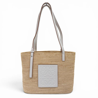 Loewe Anagram Square Basket Small Bag Raffia Leather Handbag Natural White