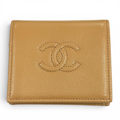 Chanel Caviar Leather Small Flap Wallet CC Logo Bifold Beige