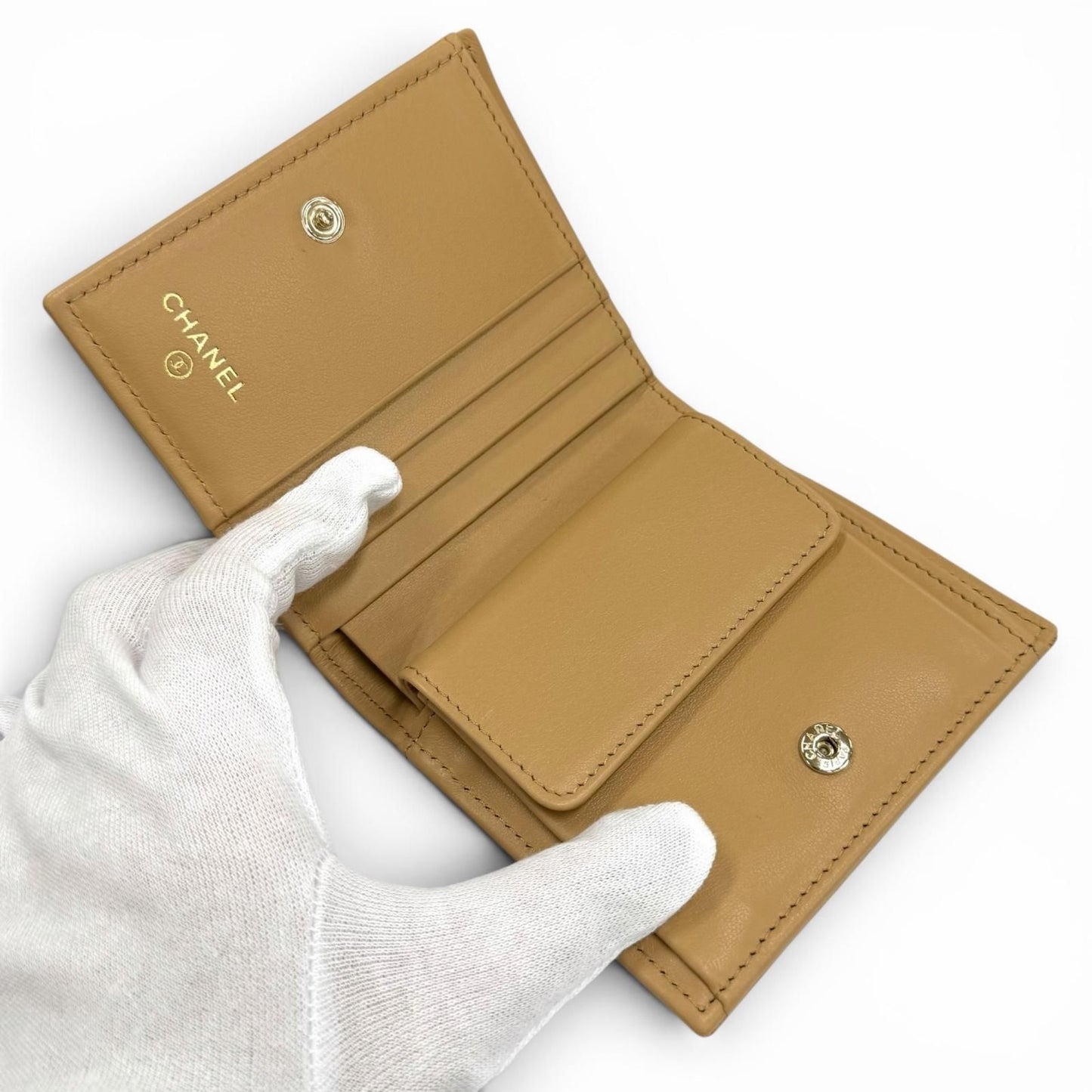 Chanel Caviar Leather Small Flap Wallet CC Logo Bifold Beige — view 5