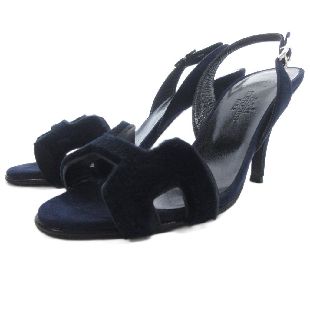 Hermes Night Strap Sandals Logo Heels Suede 34 Dark Navy