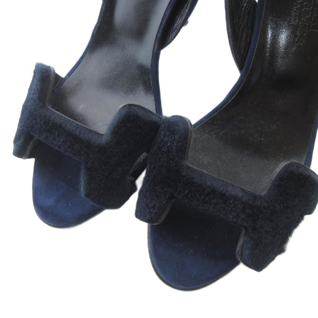 Hermes Night Strap Sandals Logo Heels Suede 34 Dark Navy — view 5