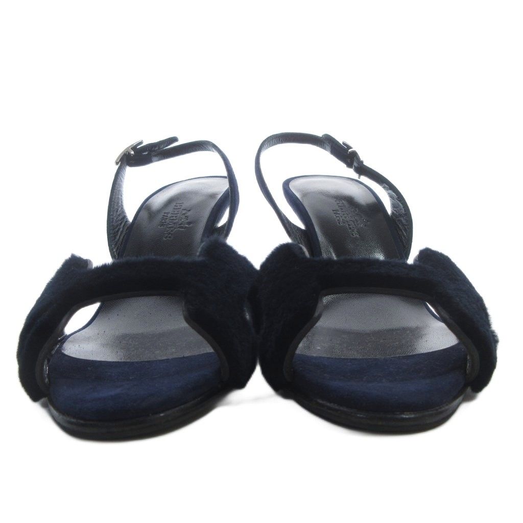 Hermes Night Strap Sandals Logo Heels Suede 34 Dark Navy — view 3