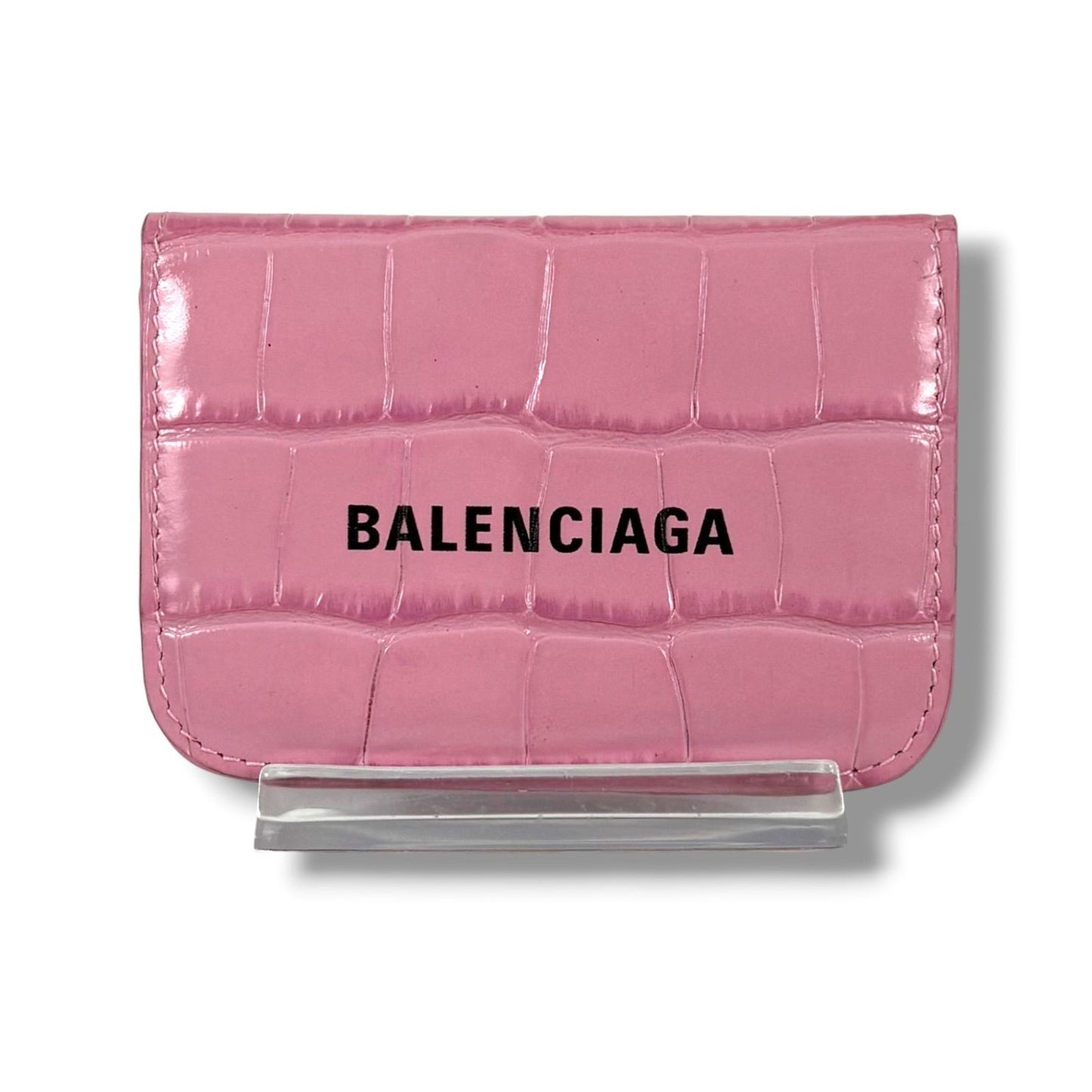 Balenciaga Trifold Wallet Logo Print Pink Croco Embossed Leather Cash Mini