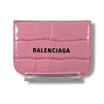 Balenciaga Trifold Wallet Logo Print Pink Croco Embossed Leather Cash Mini