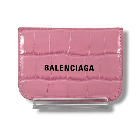 Balenciaga Trifold Wallet Logo Print Pink Croco Embossed Leather Cash Mini
