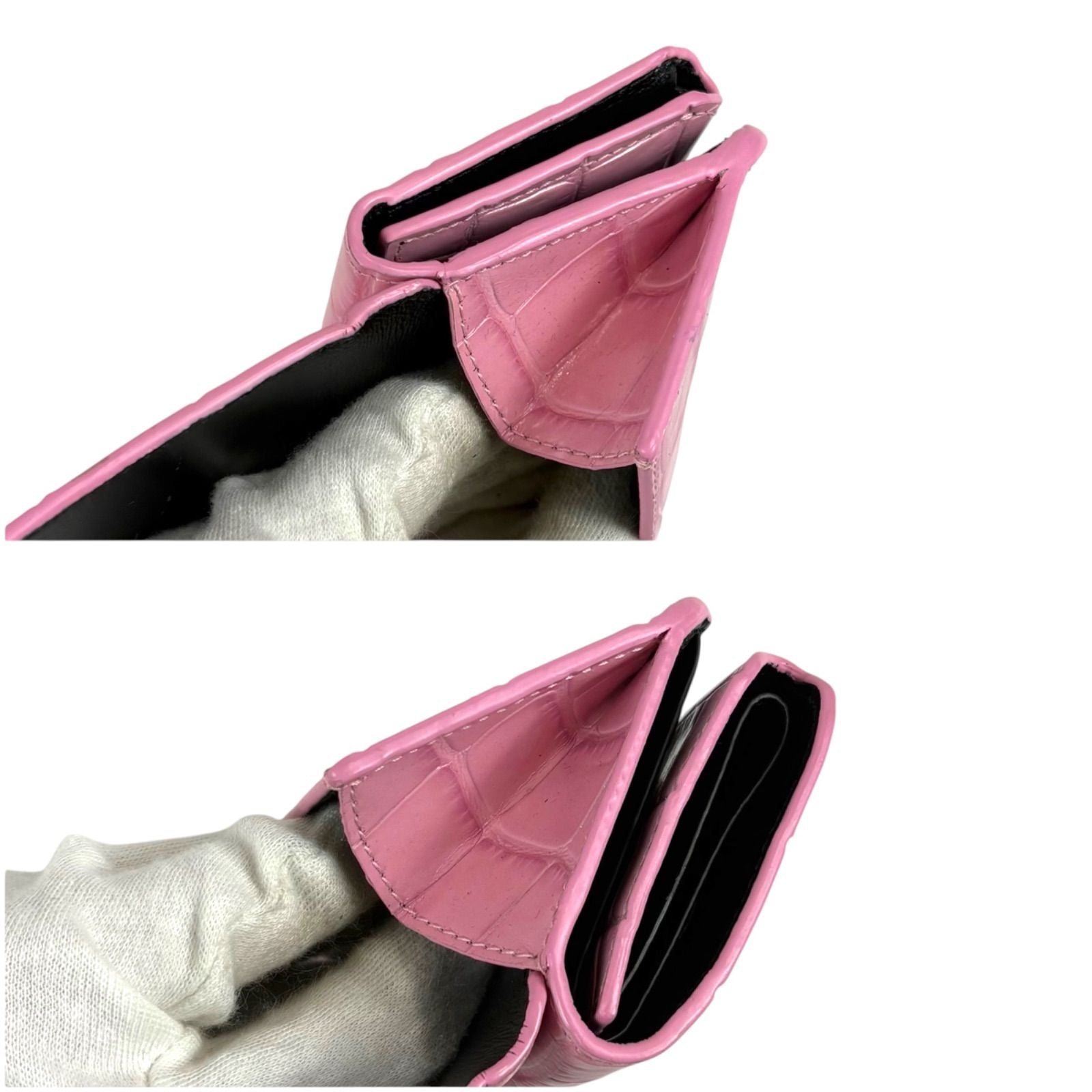 Balenciaga Trifold Wallet Logo Print Pink Croco Embossed Leather Cash Mini — view 8