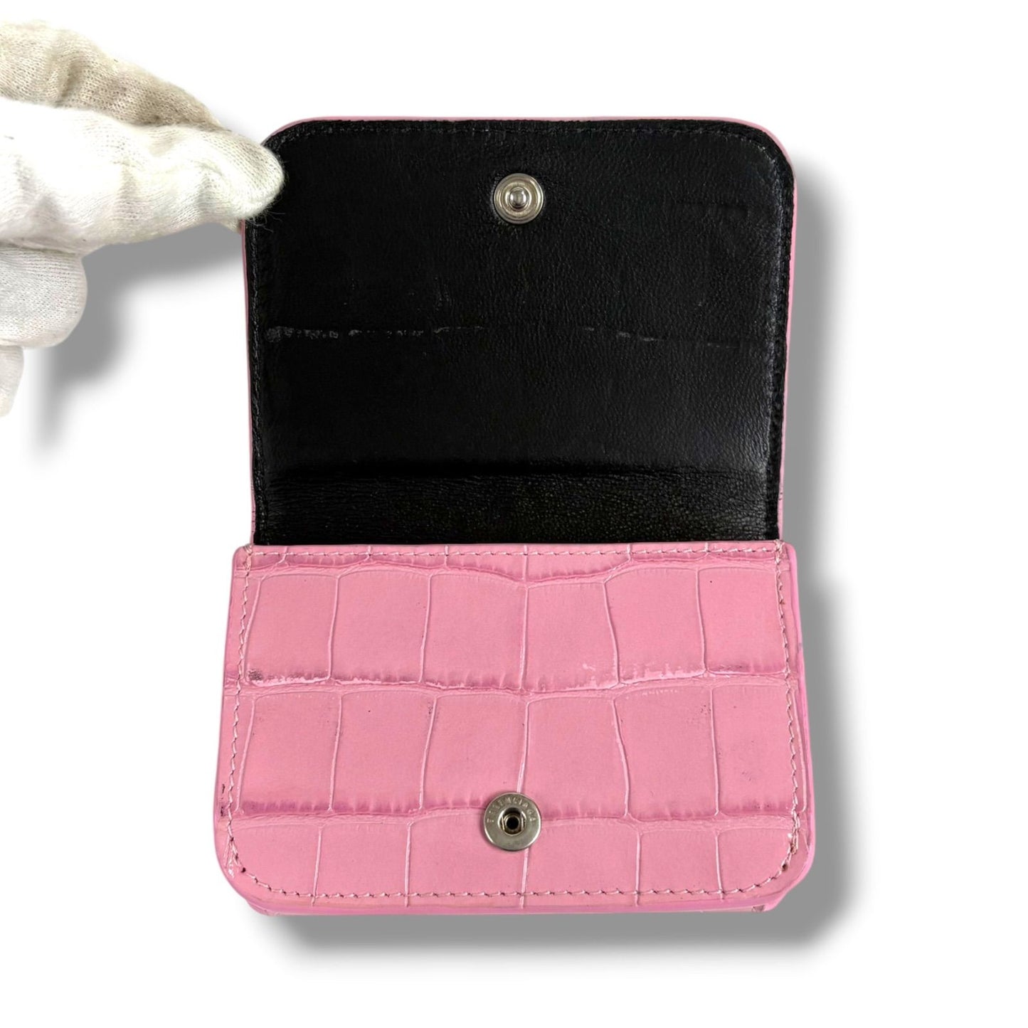 Balenciaga Trifold Wallet Logo Print Pink Croco Embossed Leather Cash Mini — view 3