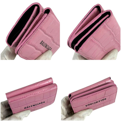 Balenciaga Trifold Wallet Logo Print Pink Croco Embossed Leather Cash Mini — view 5