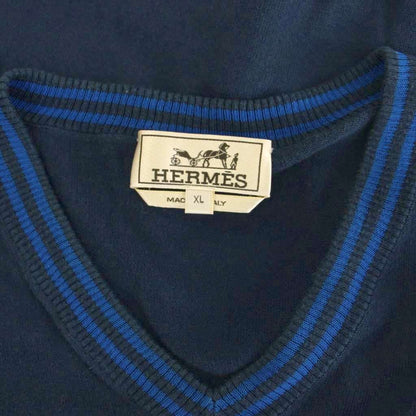 Hermes Summer Knit Sweater Top V-neck Border Short Sleeve XL Navy YM — view 4